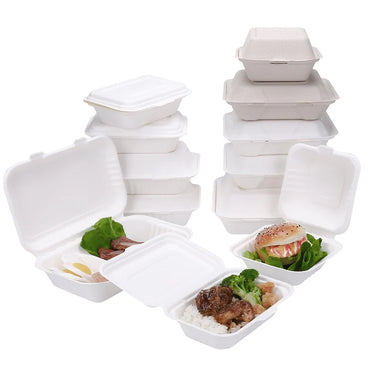 Compostable Bagasse Clamshell Containers collection banner for wholesale compostable foodservice packaging