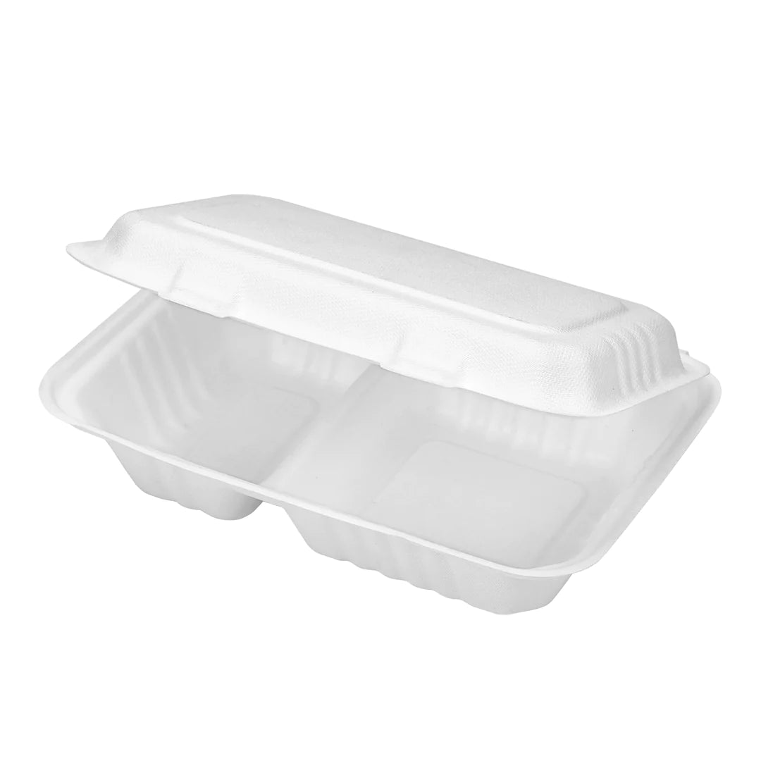 9 x 6 Inch 2-Compartment Bagasse Hinged Container - catalog product photo for wholesale compostable sugarcane bagasse tableware buyers