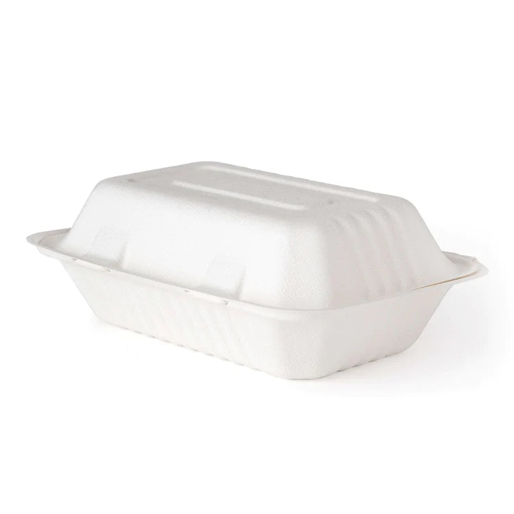 9 x 6 Inch Bagasse Clamshell Food Box | Compostable Hinged Container - sugarcane bagasse / molded fiber main product view for wholesale buyers